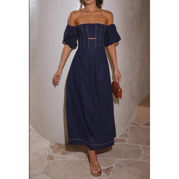 Billy J Dresses & Skirts - Billy J Claira Midi Dress Navy Blue Women’s Size 6 Puff Sleeve Square Neck